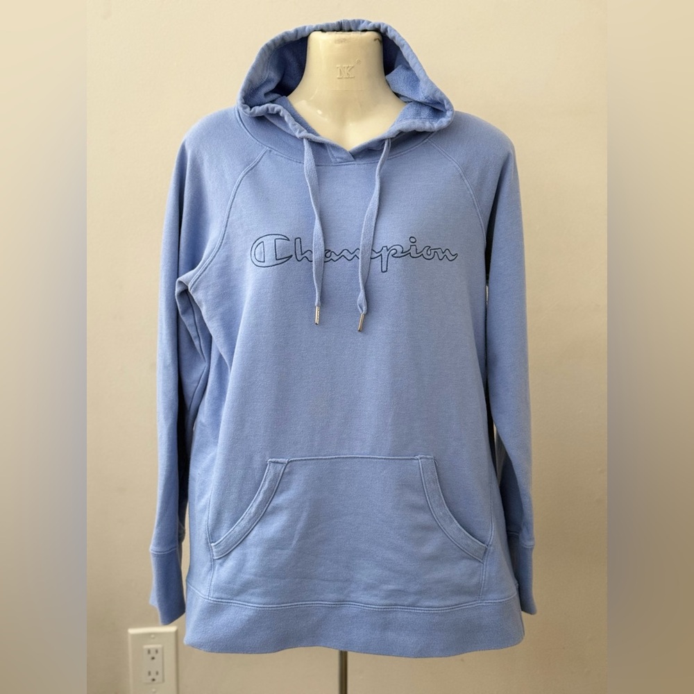 Champion Hoodie Spellout Logo Pullover Vintage Blue - Womens Medium